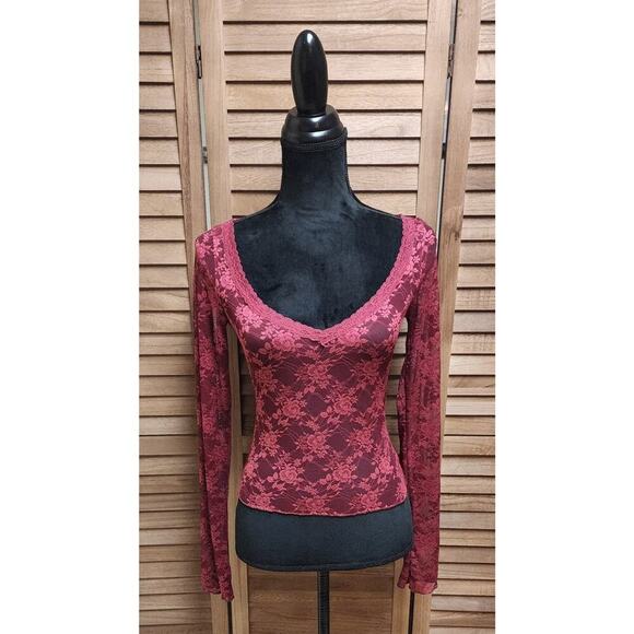 Urban Outfitters Out From Under Burgundy Long Sleeve Top Small S Sheer Floral - Picture 2 of 8